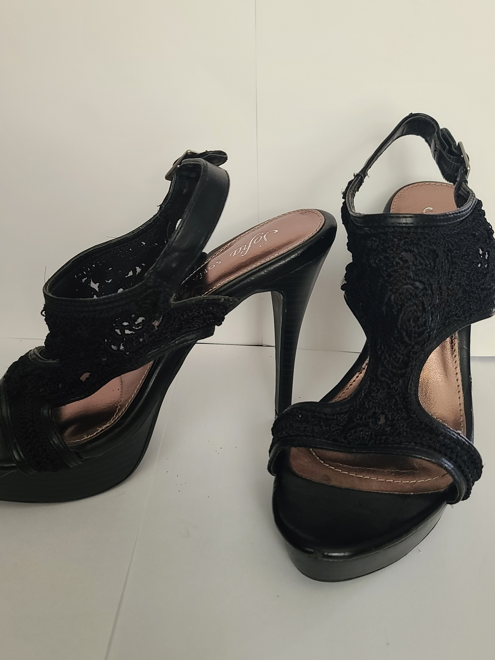 Black Crochet Platform High Heels with Ankle Strap